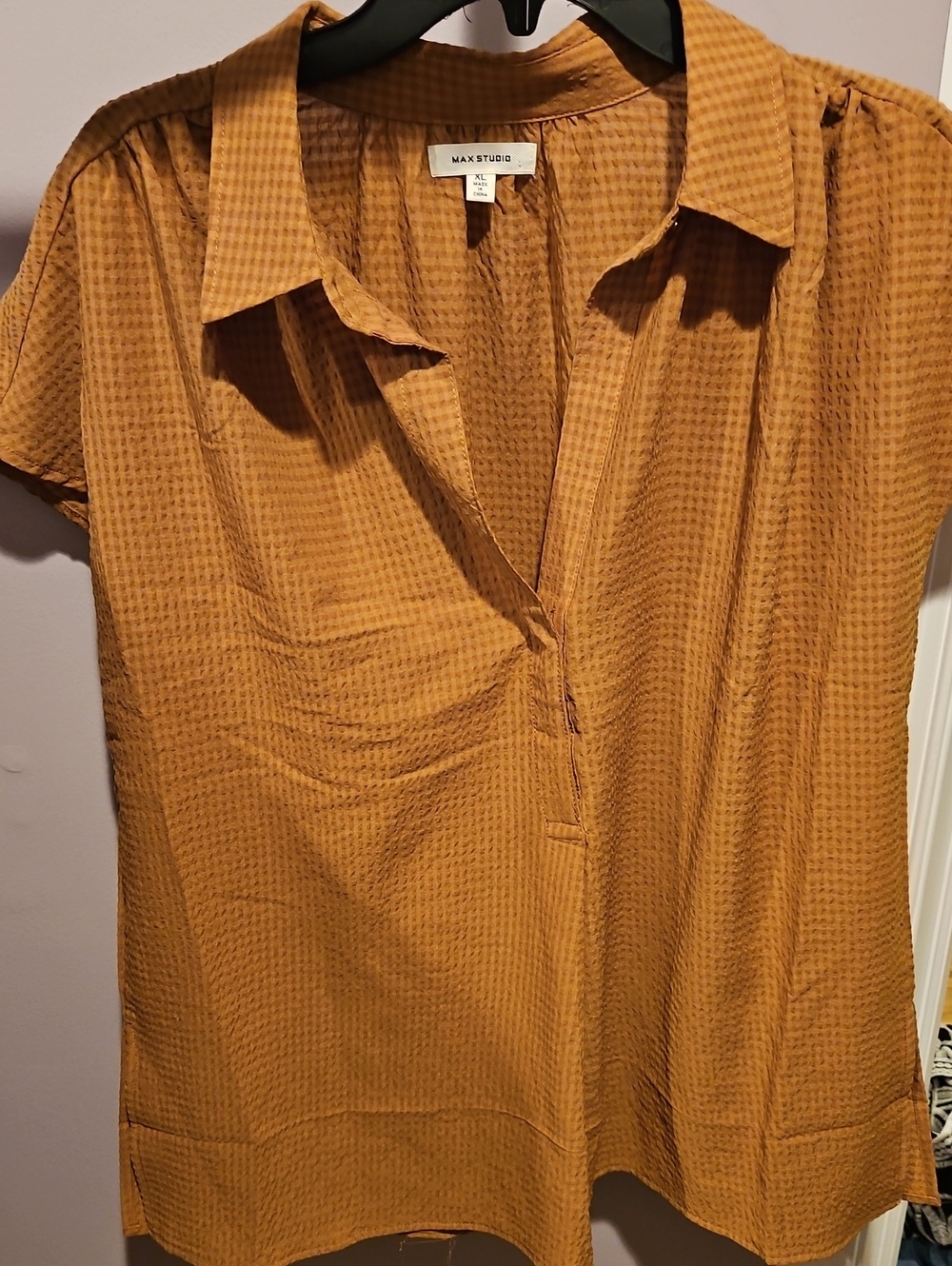 Max Studio Short-Sleeve Button-Down Blouse in Caramel